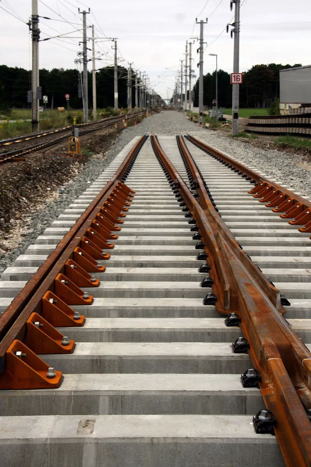 Newly laid turnout photographed along the gauge for geometry